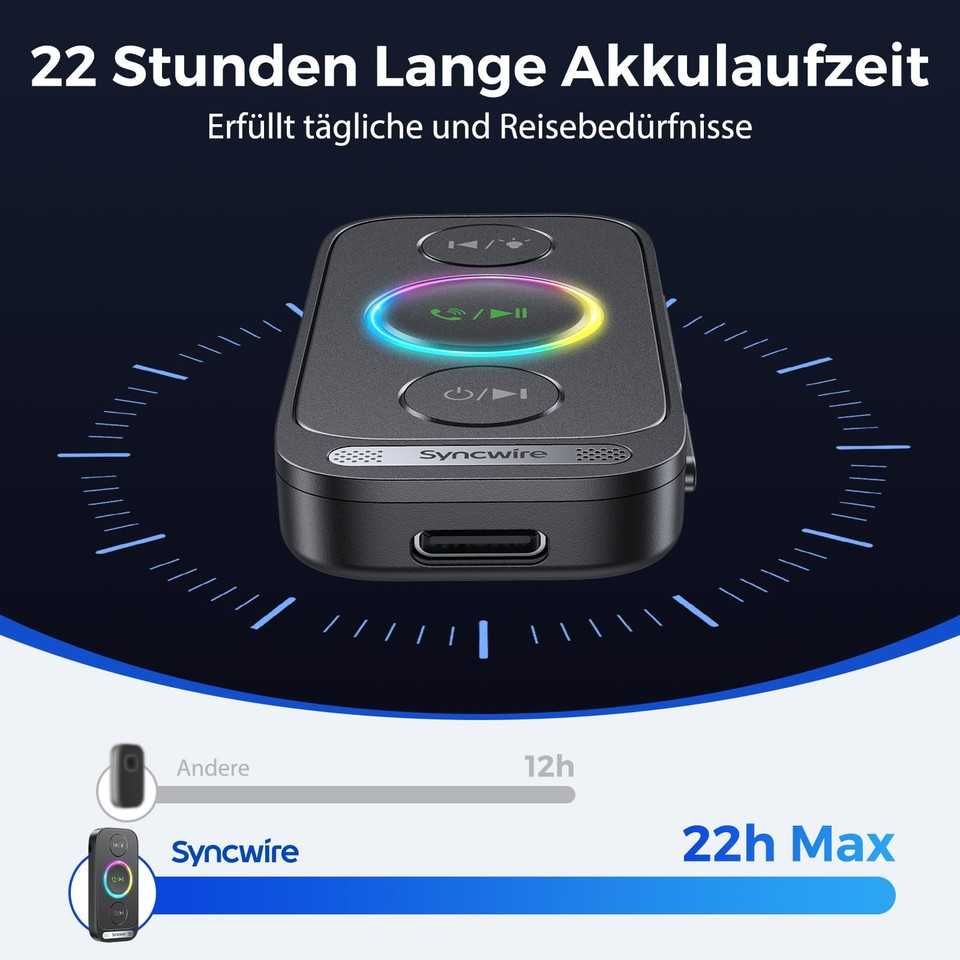 SYNCWIRE Auto FM 50 odbiornik Bluetooth 5.4 LED RGB AUX bateria 22h