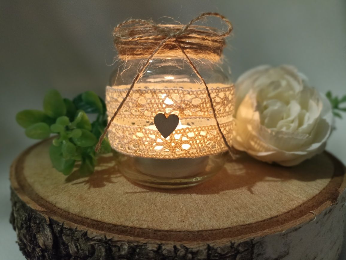 Świecznik na podgrzewacze tealight dekoracja rustykalna koronka ślub