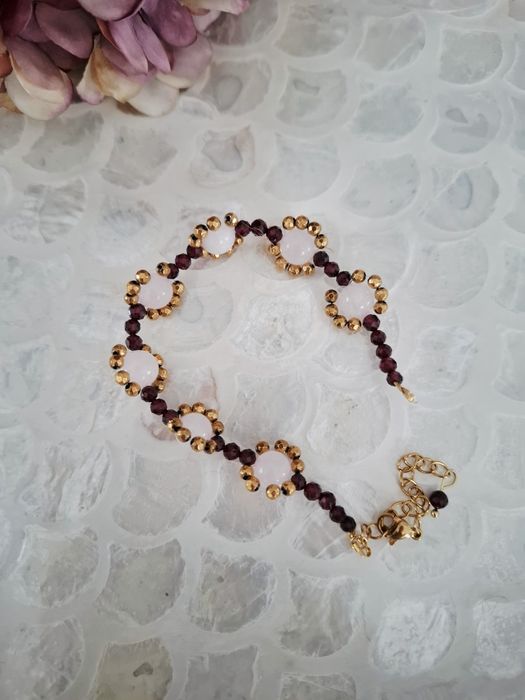 Bransoletka handmade z naturalnych kamieni granat kwarc różowy hematyt