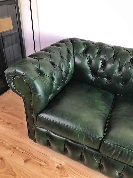 Sofa skórzana chesterfield zielona, skóra naturalna antykowana, 3 os.