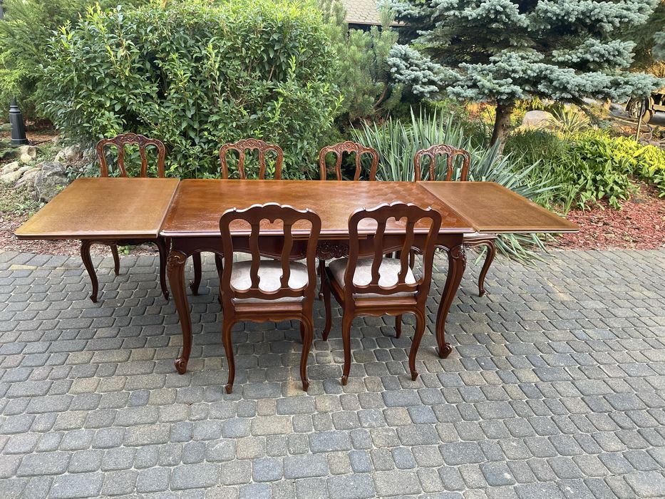Stół rozkładany ludwikowski krzesła dąb brąz po renowacji Ludwik XV