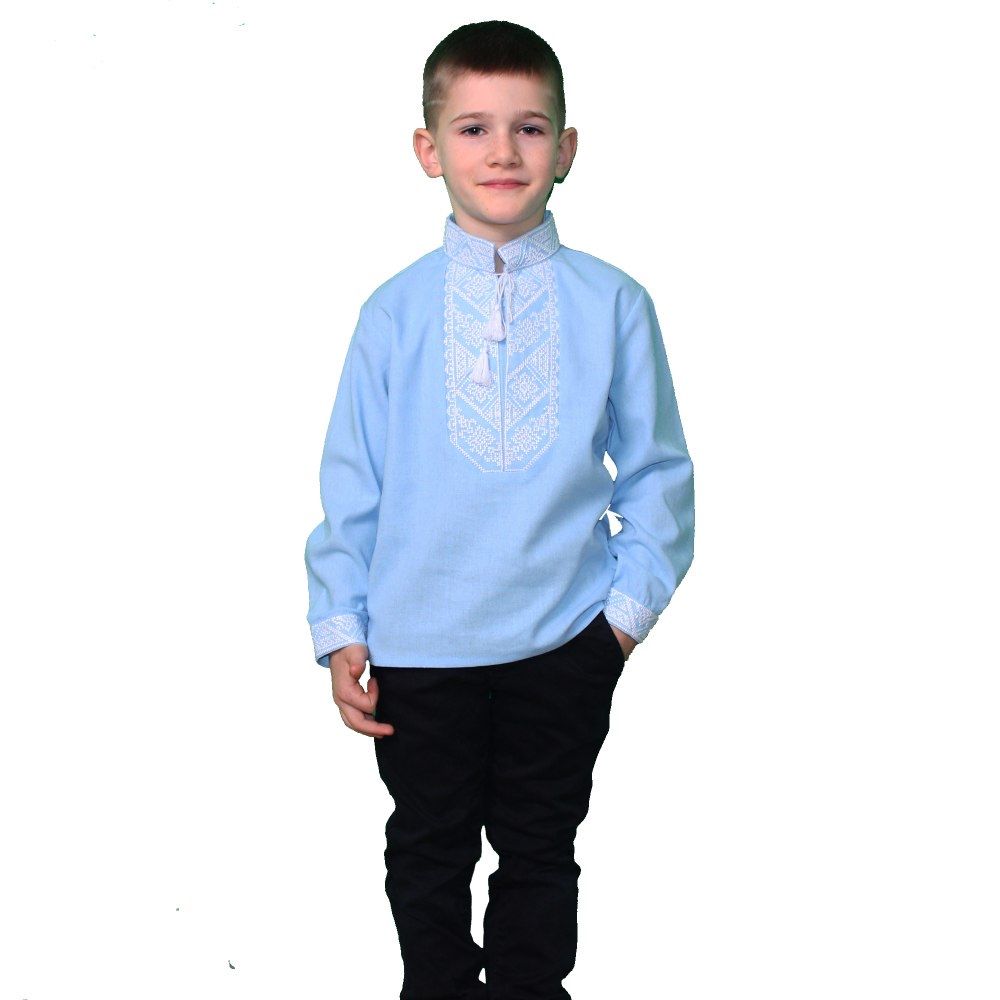 Дитяча вишиванка для хлопчика  блакитний льон (98-128)