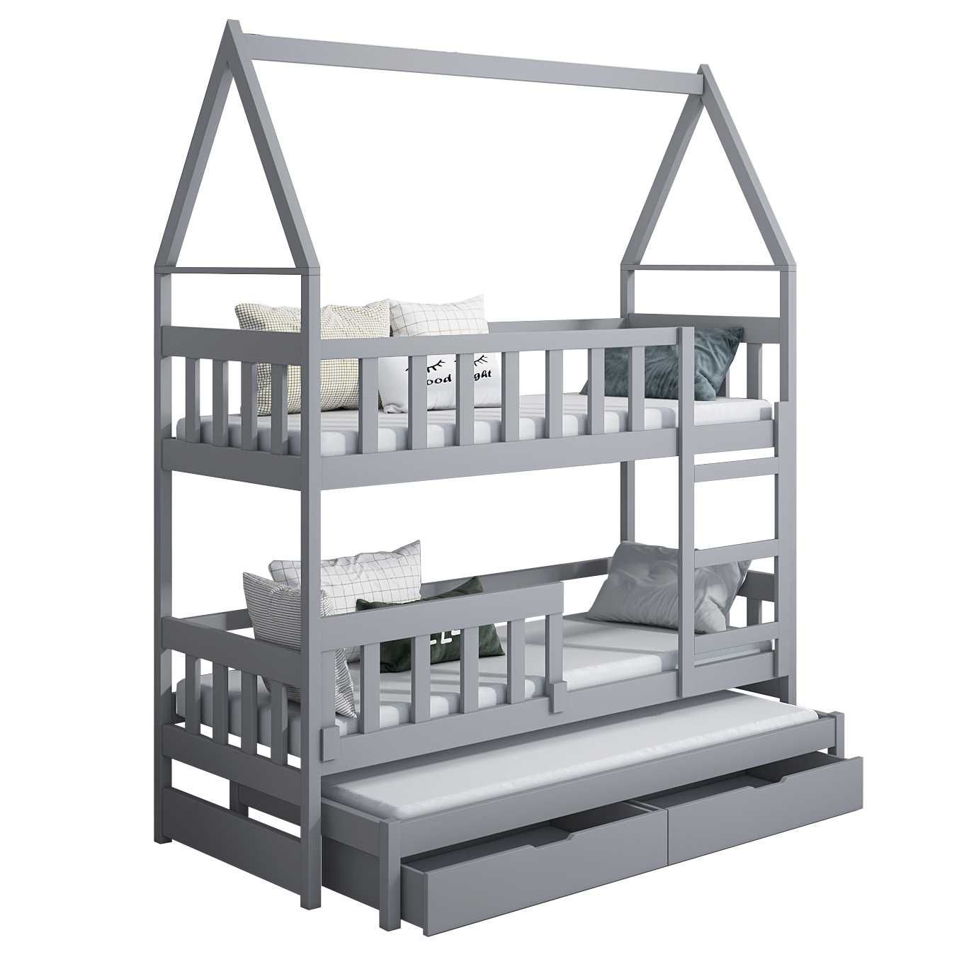 Łóżko piętrowe dla dzieci DOMEK 3 osobowe, materace 160x75 lub 180x75