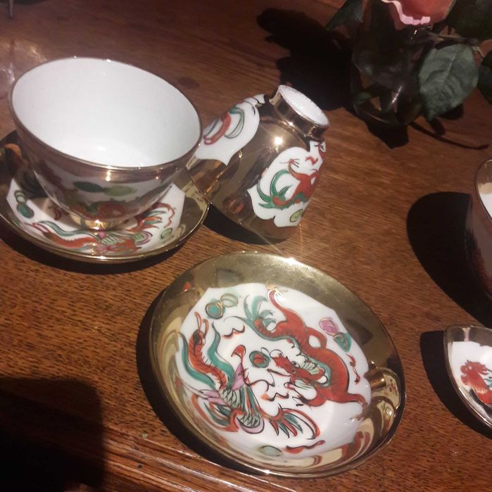 2 Tigelas porcelana chinesa pintura manual "Dragão Vermelho", antigas