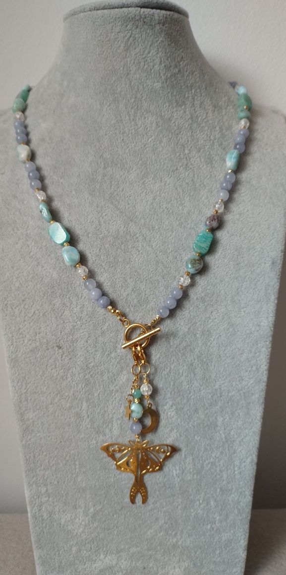 Naszyjnik larimar, akwamaryn, amazonit, kryształ górski