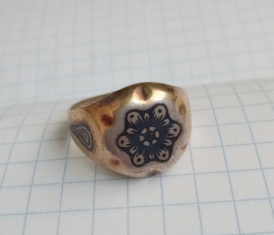 Печатка кольцо перстень , северная чернь, СССР Серебро 875 позолота