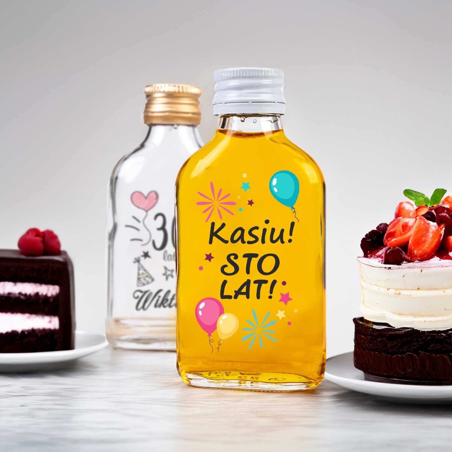 50x butelka PIERSIÓWKA 100 ml na wesele z naklejkami + zakrętka