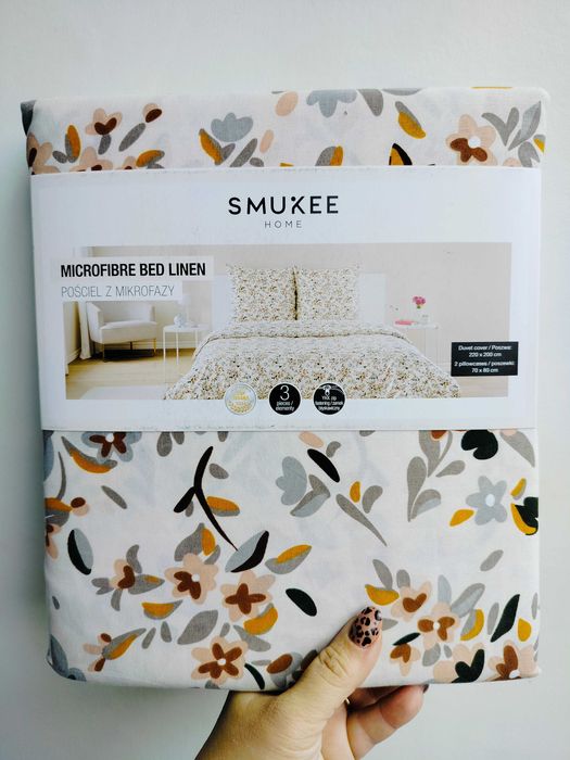 Pościel z mikrofazy dwustronna Smukee 220x200 brązowe kwiatuszki 766