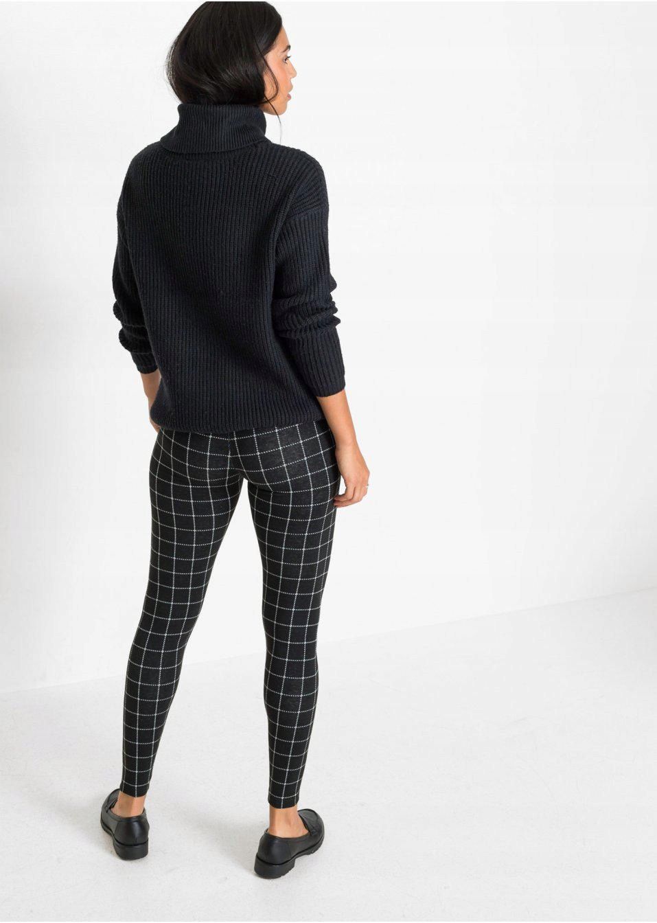 B.P.C legginsy czarne w białą kratę 32/34.