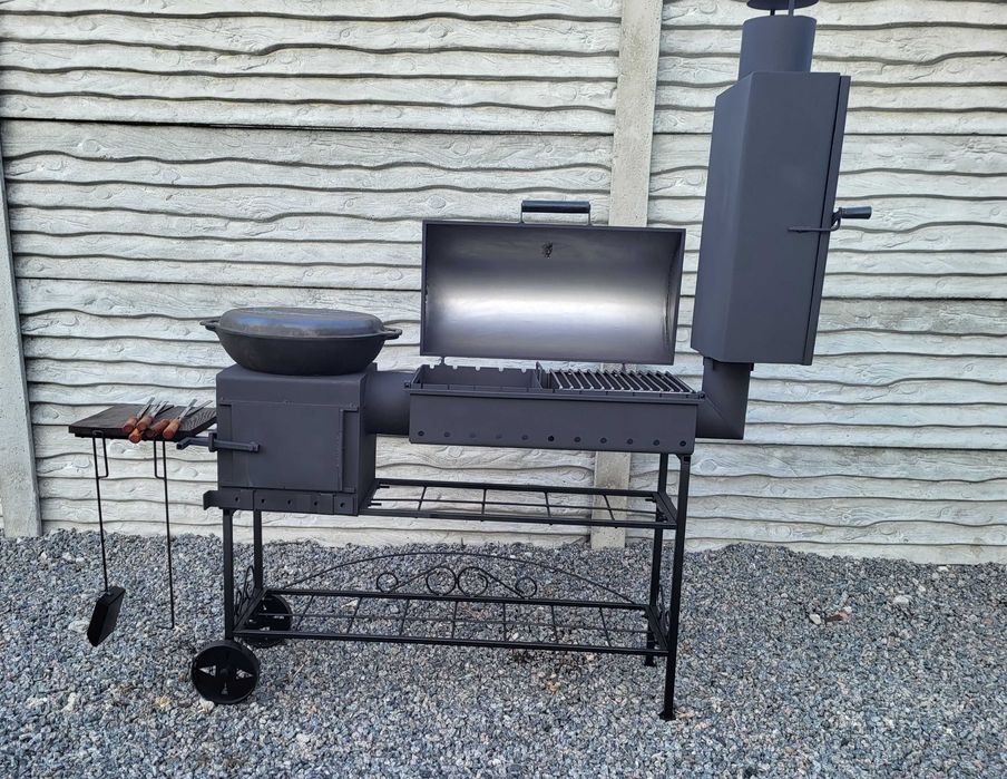 Мангал 4в1! 5 мм! Коптильня Барбекю Гриль с Крышкой, Печь под Казан