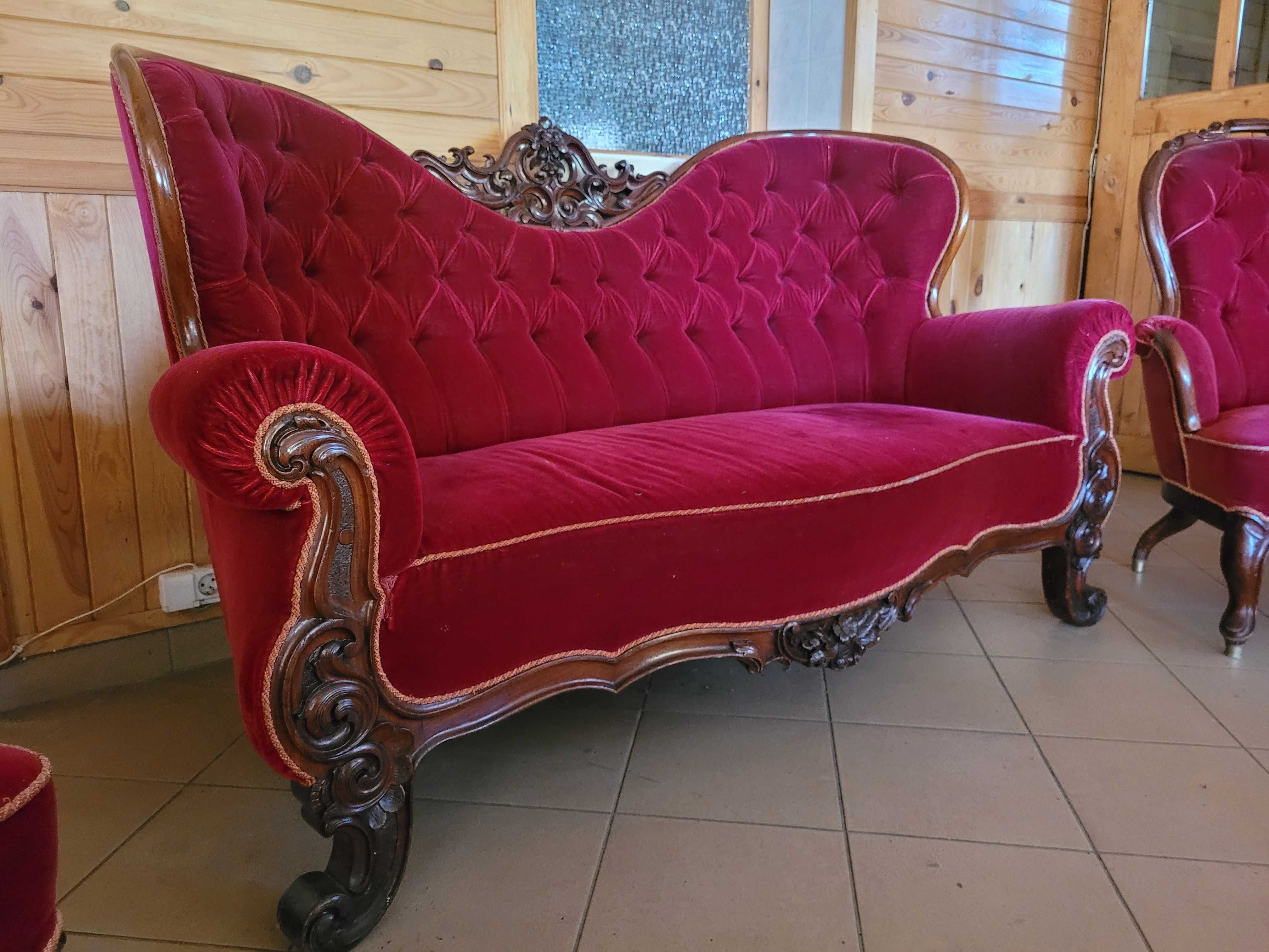 Stylowa bordowa czerwona kanapa dwa fotele komplet wypoczynkowy antyk