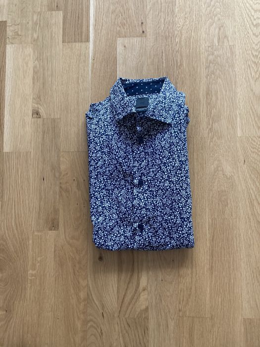 Elegancka koszula HM we wzory granatowa biała Premium Cotton Slim Fit