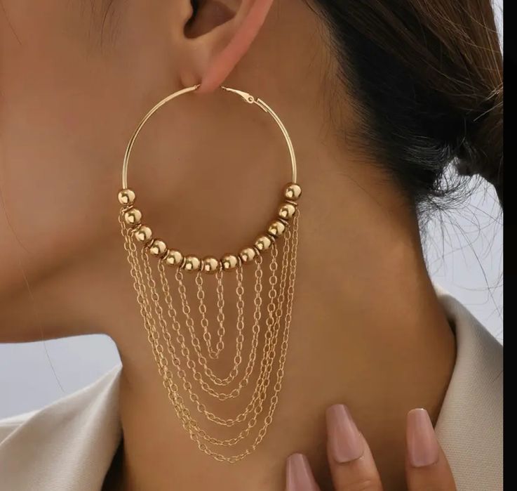 Nowe złote kolczyki koła z łańcuszkiem Ozdobne długie