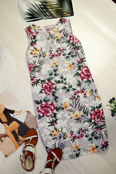 Летнее Льняное платье с цветочным рисунком L женское лен сиреневое