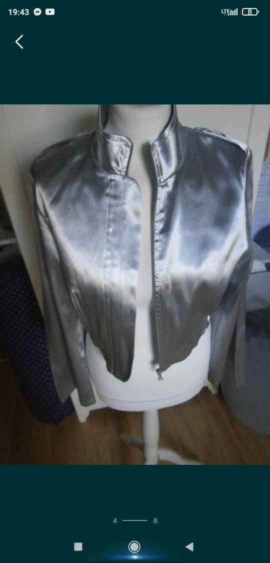 Zestaw satynowa srebrna kurtka krótka + srebrny top bluzka S M handmad