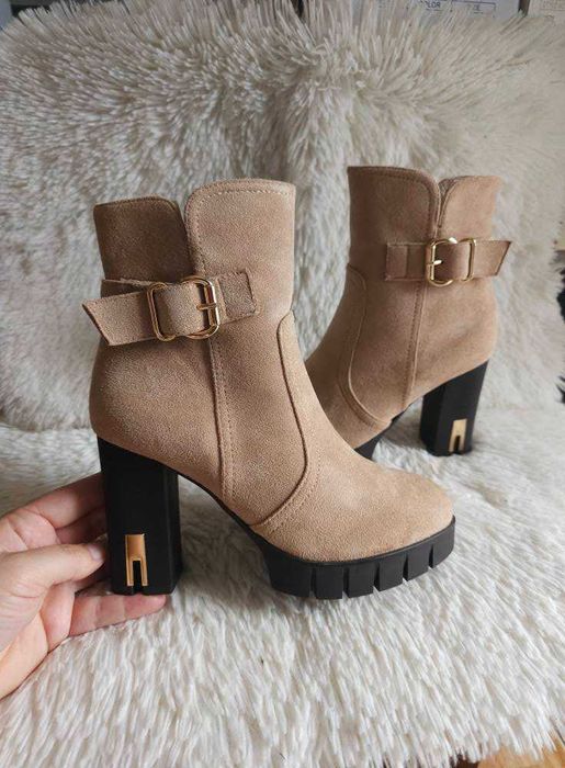 Beżowe botki Damskie na słupku Nowe