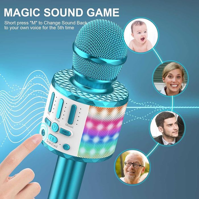 Microfone Karaoke Bluetooth Sem Fio Luzes LED  Gravação Natal