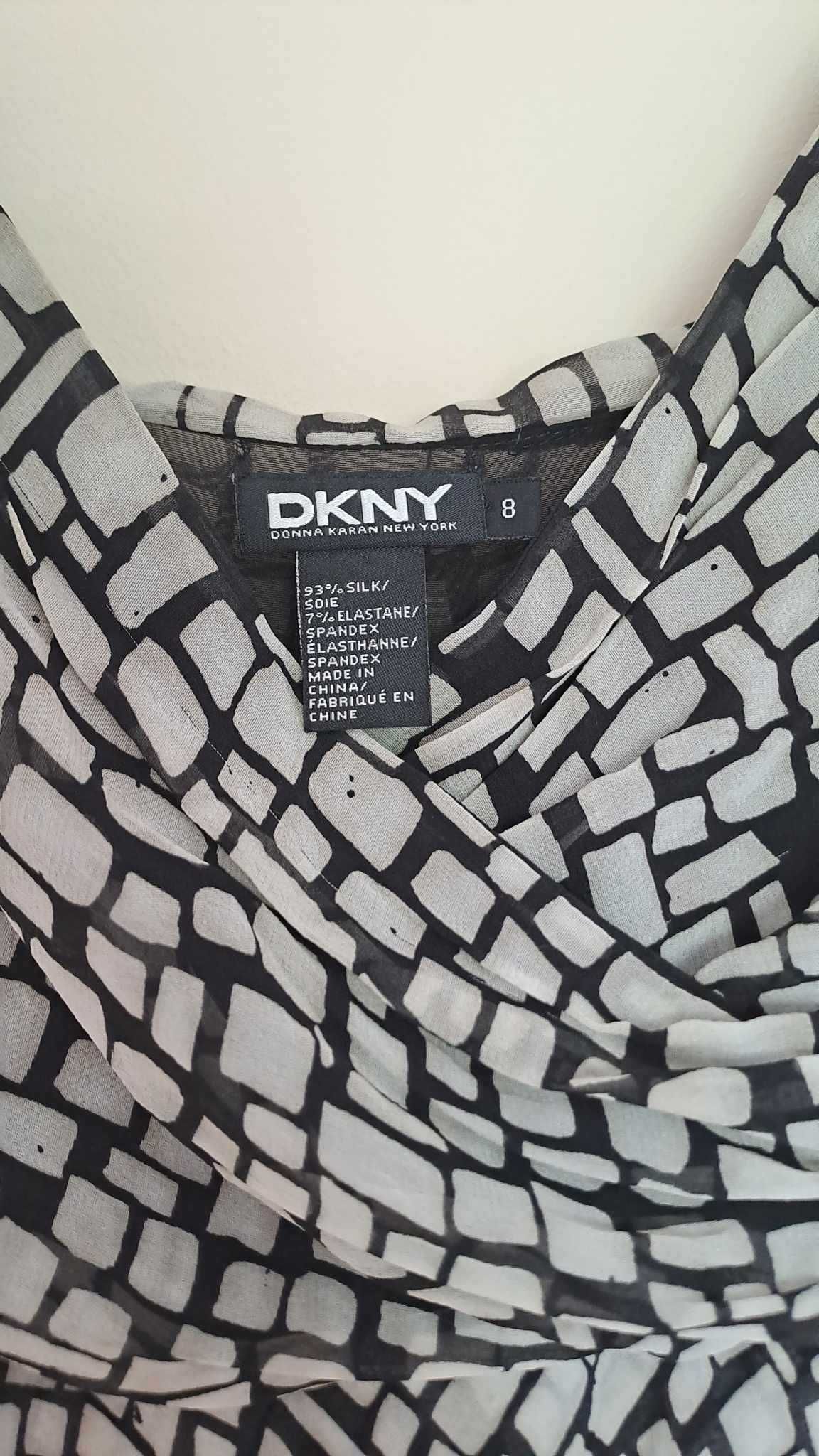 sukienka DKNY jedwab rozkloszowana 36 czarno biała dekolt V sylwester