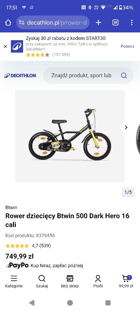 Rower dziecięcy Btwin 500 Dark Hero 
16 cali