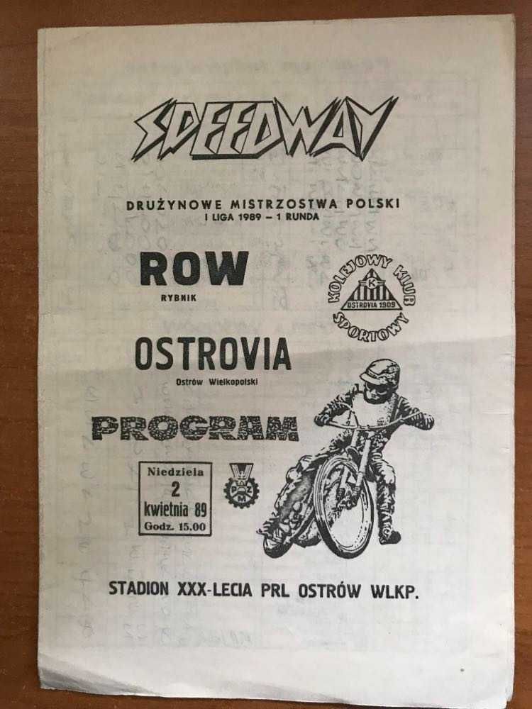 Program żużlowy DMP I Ligi Ostrów Wlkp. - Row Rybnik [Ostrów, 1989r.]