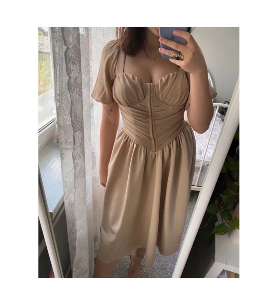 Beżowa gorsetowa sukienka midi midaxi drapowana 3 xl 46 xxl 44 asos