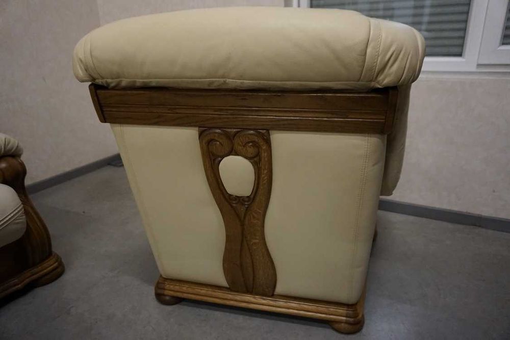 Zestaw na Stelażu Dębowym 3+1 Skóra Naturalna Jasna + Szuflady w-1116