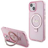 Etui Guess Ring Stand Script Glitter Magsafe Na Iphone 15 - Różowe