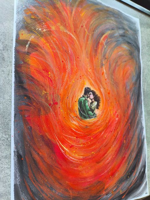 Akwarela Kochankowie Ogień Miłość Pasja Wir Emocji Intymność A3 30x42