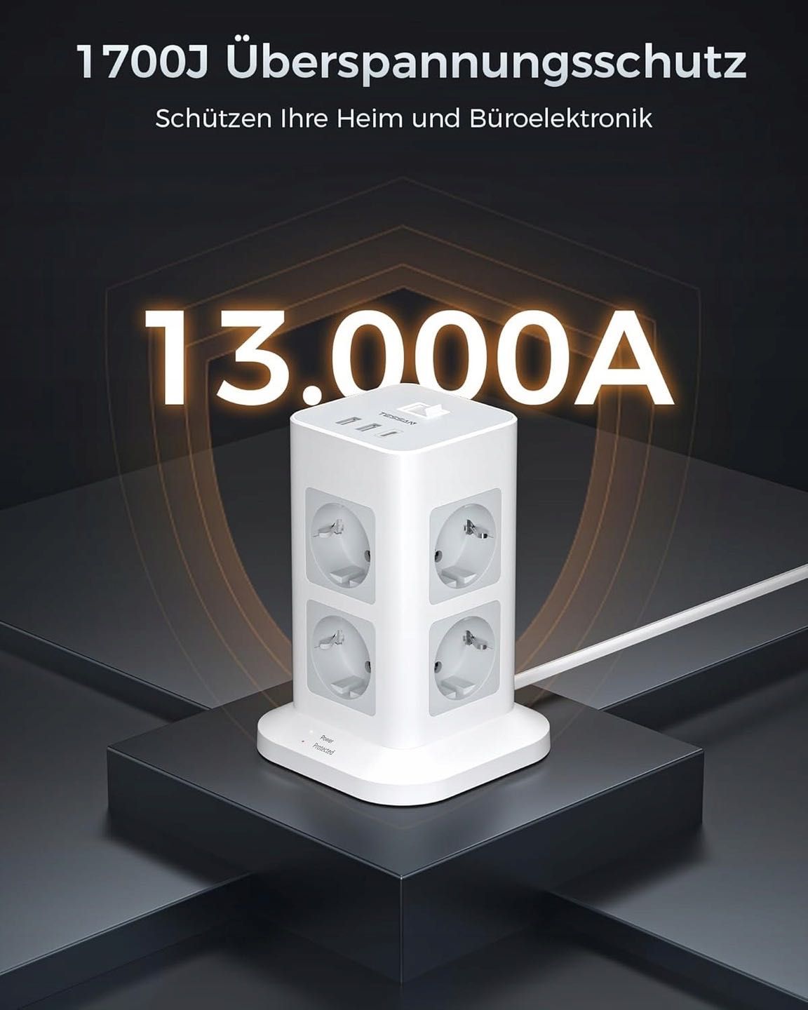 Listwa stojąca KOMPAKTOWA Tessan 8xAC 2xUSB-A 1xUSB-C 3600W 10M