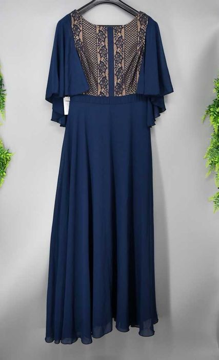 Zwiewna wizytowa sukienka Bonprix granatowa koronkowa 38 długa nowa