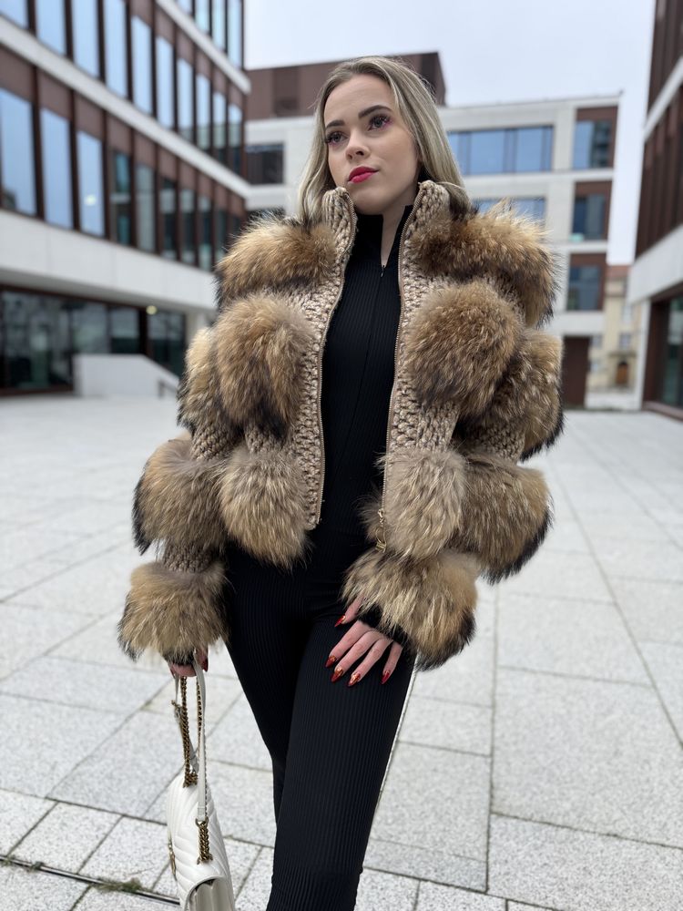 Futro / kurtka naturalna z jenota design brąz PREMIUM NOWY MODEL xs/s
