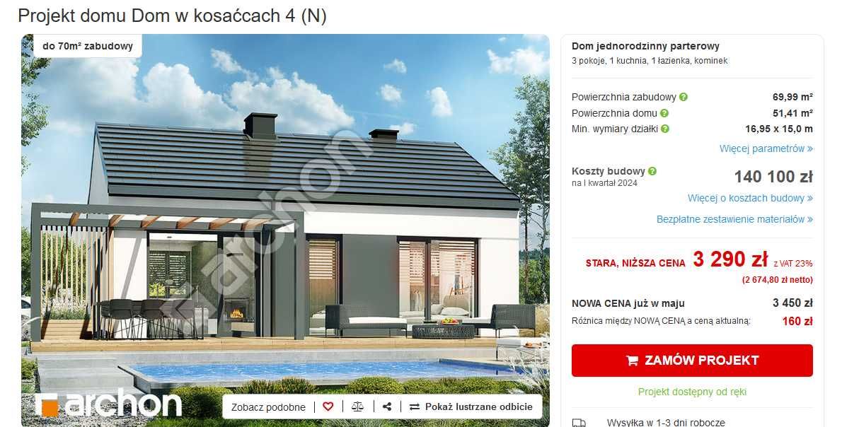 Projekt domu w kosaćcach 4 (N) - nowy za 1500 zł.