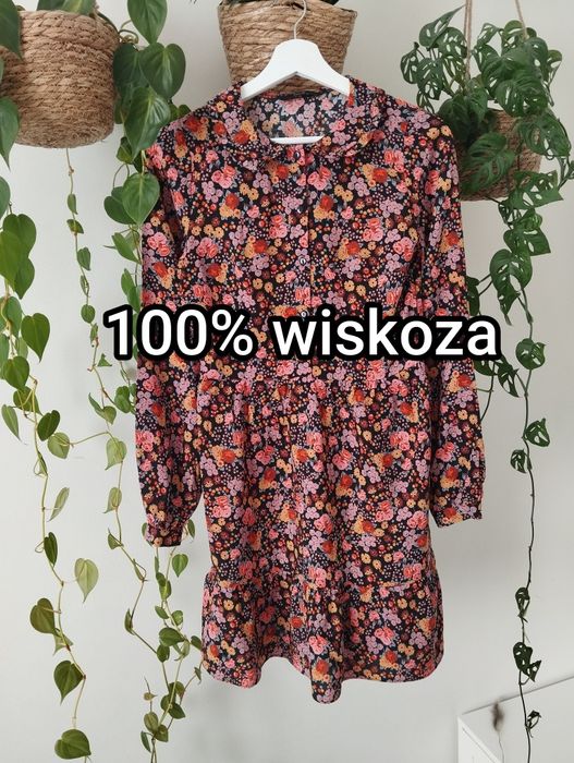 Sukienka z długim rękawem, w kwiaty, z kołnierzem, 100% wiskoza r.XS/S