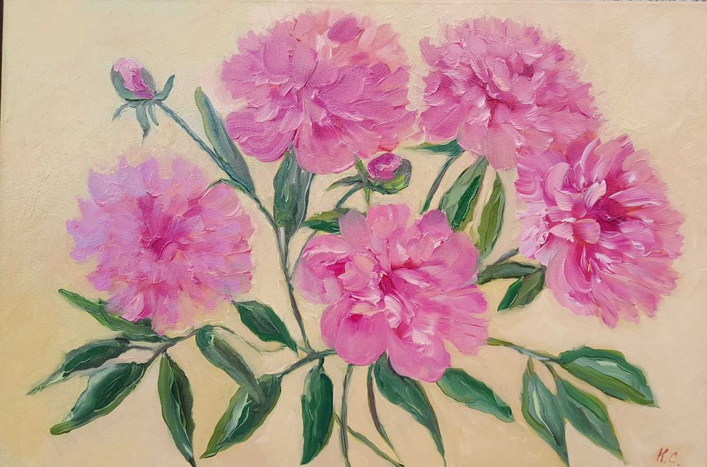 Картина "букет рожевих півоній", полотно, олія