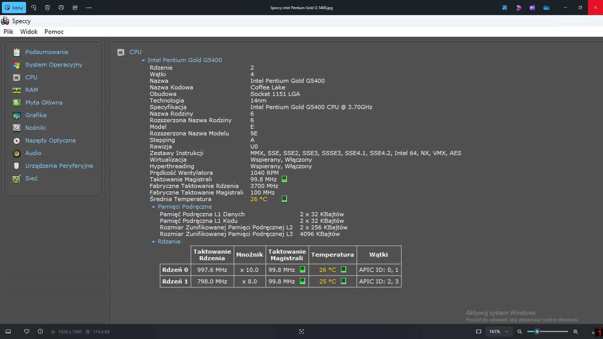 Procesor Intel Pentium Gold G 5400 Socket 1151 taktowanie 3,7 GHz