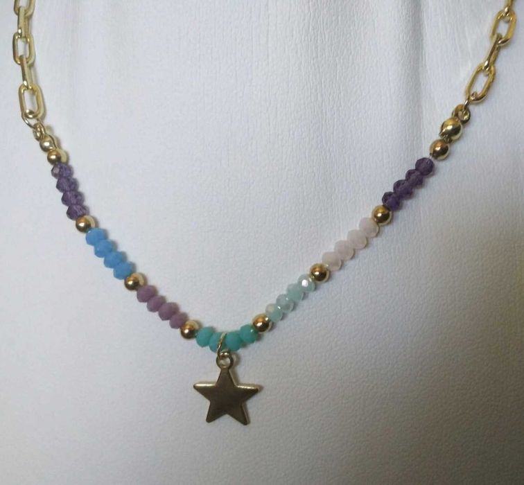 Colar Aço Dourado e Contas de Vidro Facetadas Coloridas NOVO - SALDO