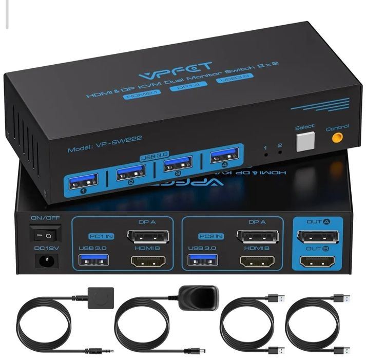 2компа-2манітор ст 4портамиKVM-переключатель VPFET HDMI & DP Видеокомм