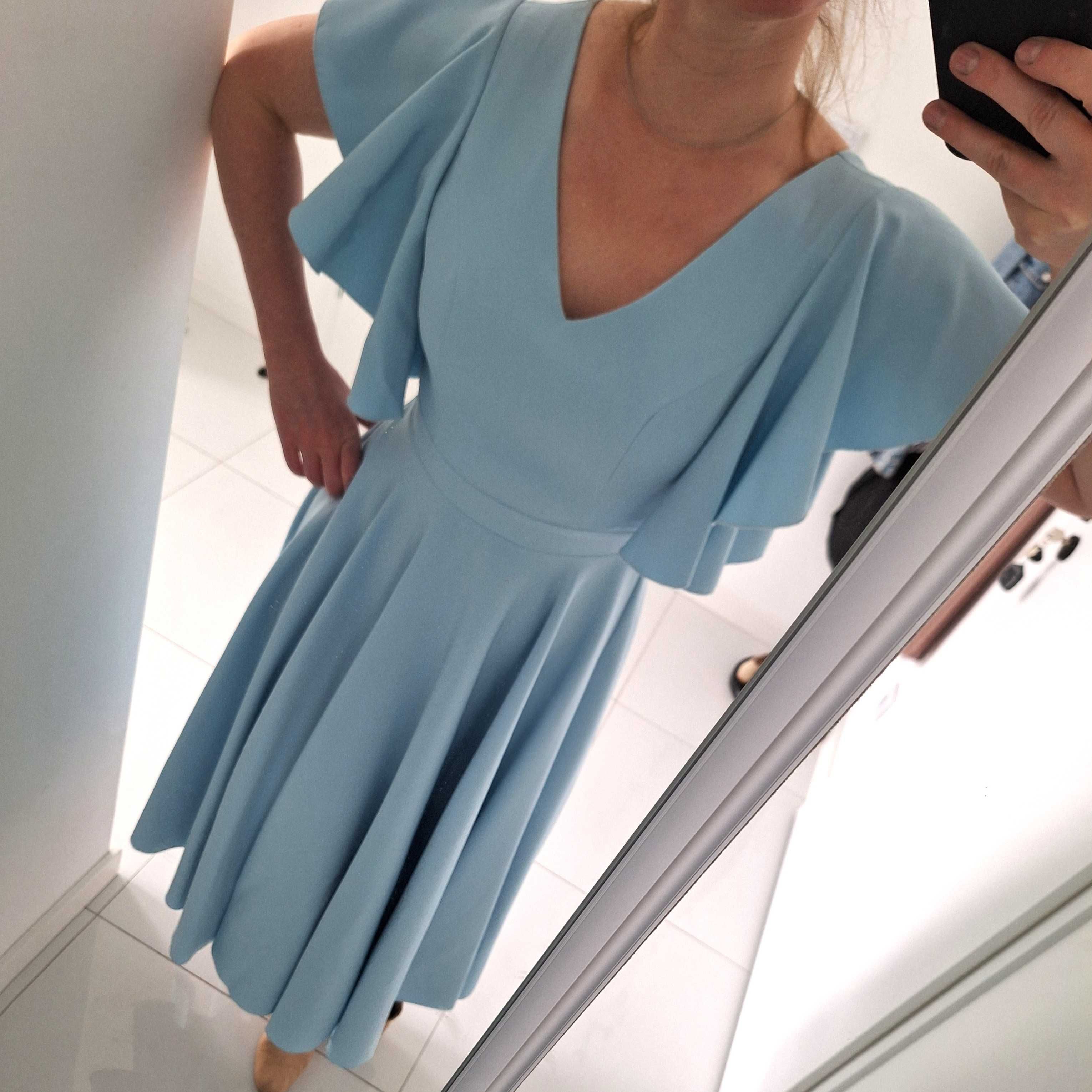 Błękitna elegancka rozkloszowana sukienka r.36