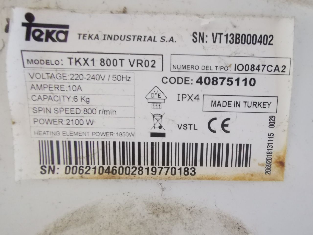 Máquina lavar roupa teka tkx1 800t para peças