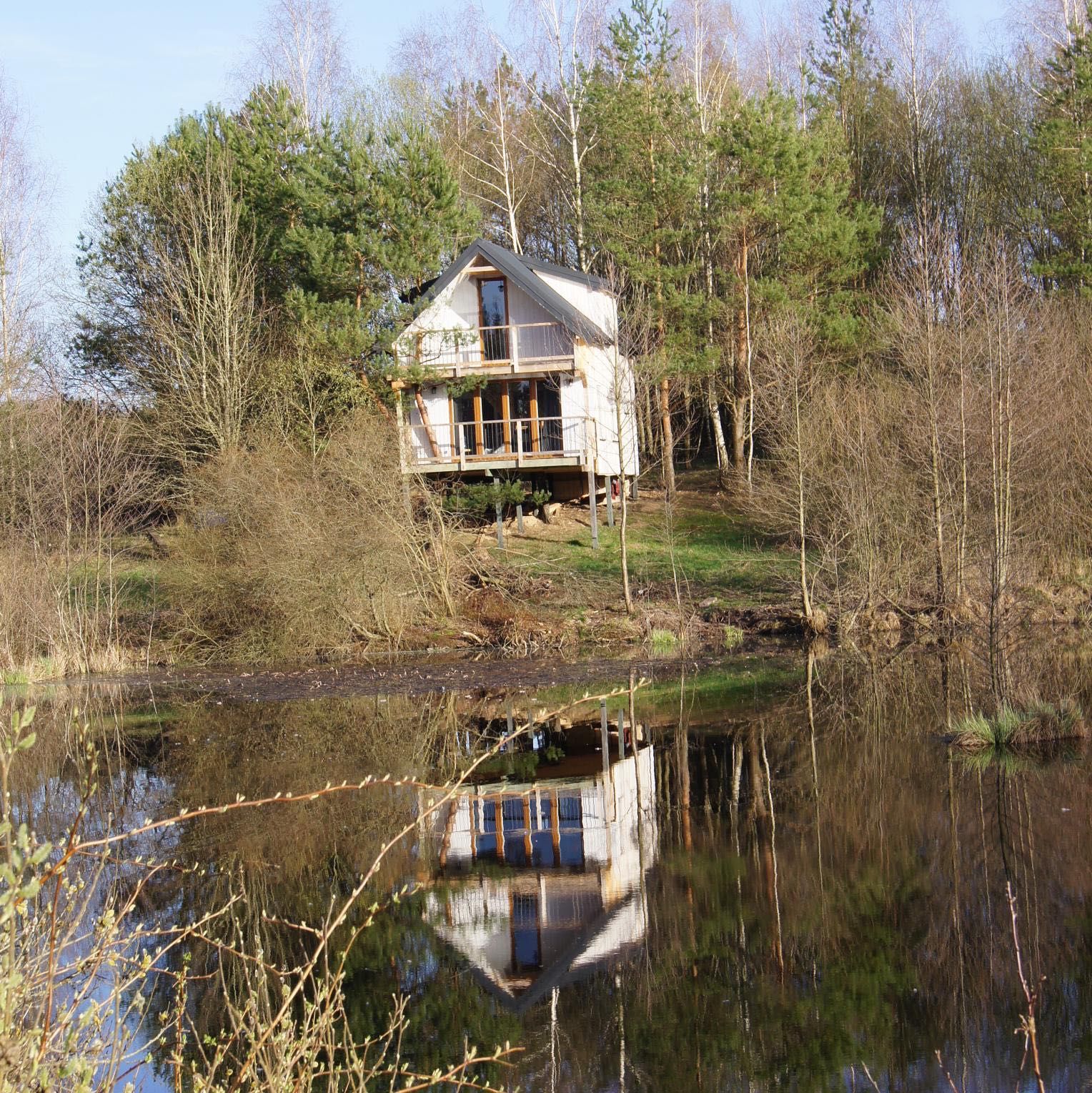 Watrosówka domek z drzewem w środku i prywatnym jeziorem 2m nad ziemią