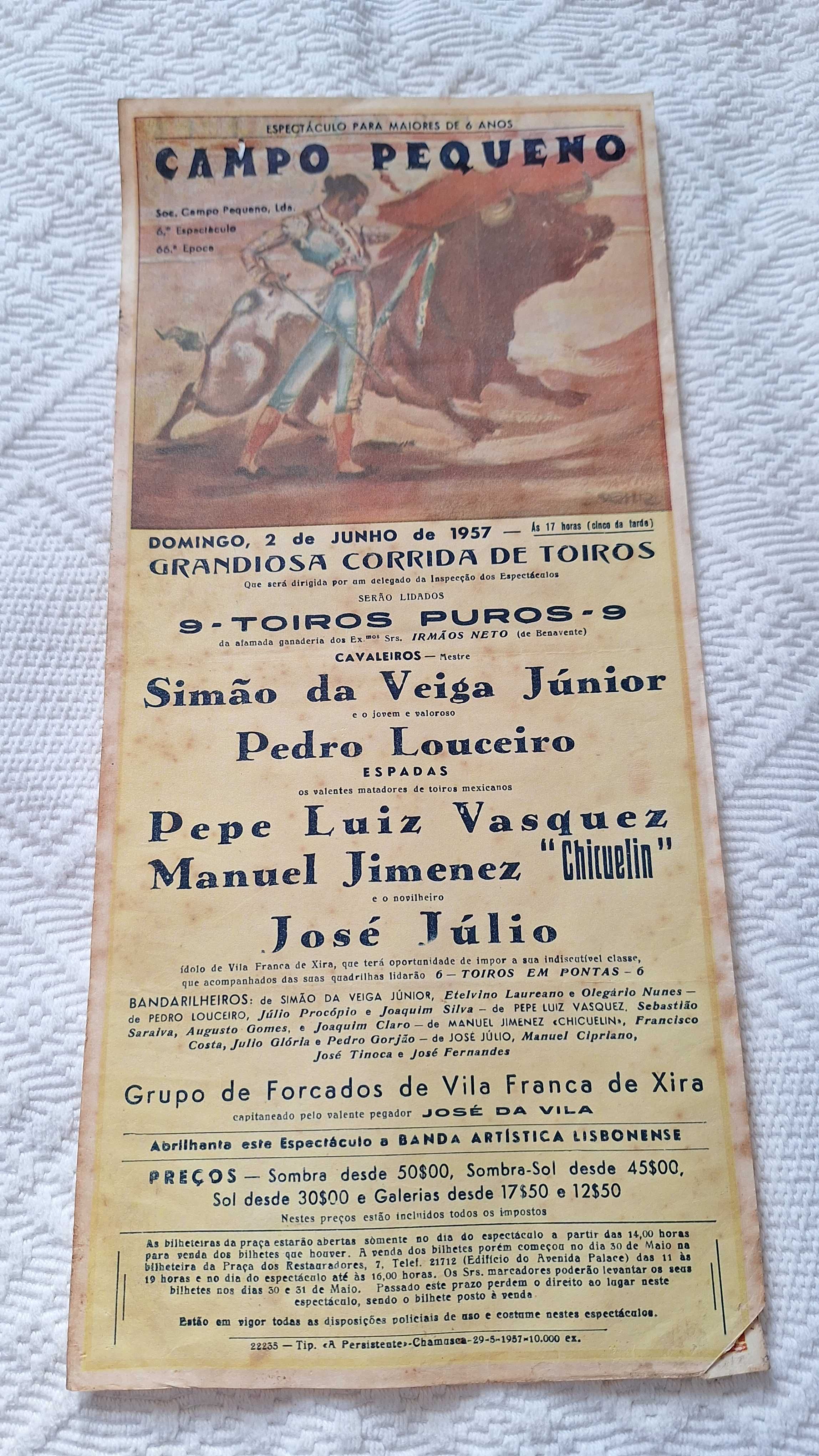 Cartaz panfleto corrida de toiros tourada tauromaquia 1958