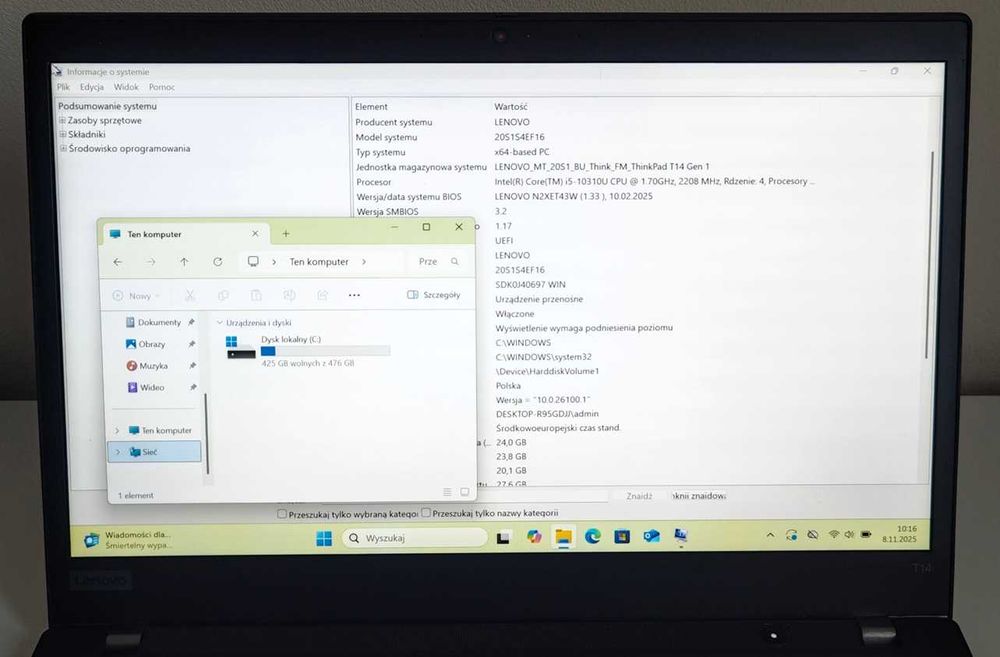 Lenovo ThinkPad T14 Gen1 (i5/24GB/512GB/Win 11 Pro) + zasilacz USB-C