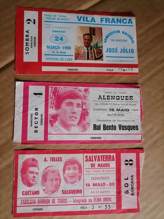 Tauromaquia Bilhete 1988/1989/1990 Rui Bento Vasques, José Júlio, etc