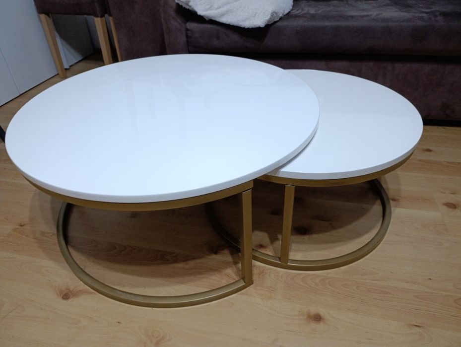 Stylowy Stolik Kawowy/Zestaw Stolików "Gniazdowych" - Biel i Złoto