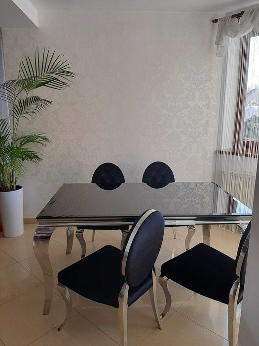 Stół + 4 Krzesła Glamour szkło stal metal czarne stal lustro srebrne