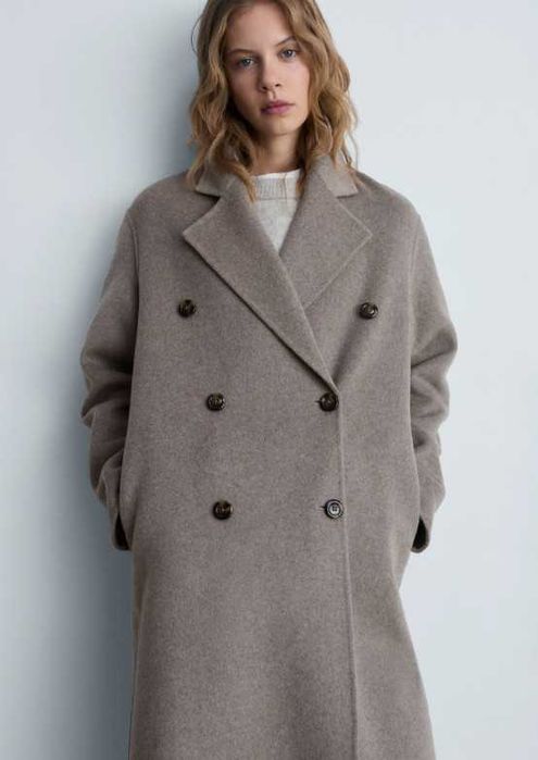 Довге вовняне двобортне пальто Mango
