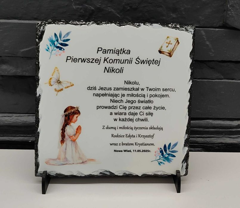 Ramka kamienna pamiątka Komunia Święta dow. tekst foto granit kamień