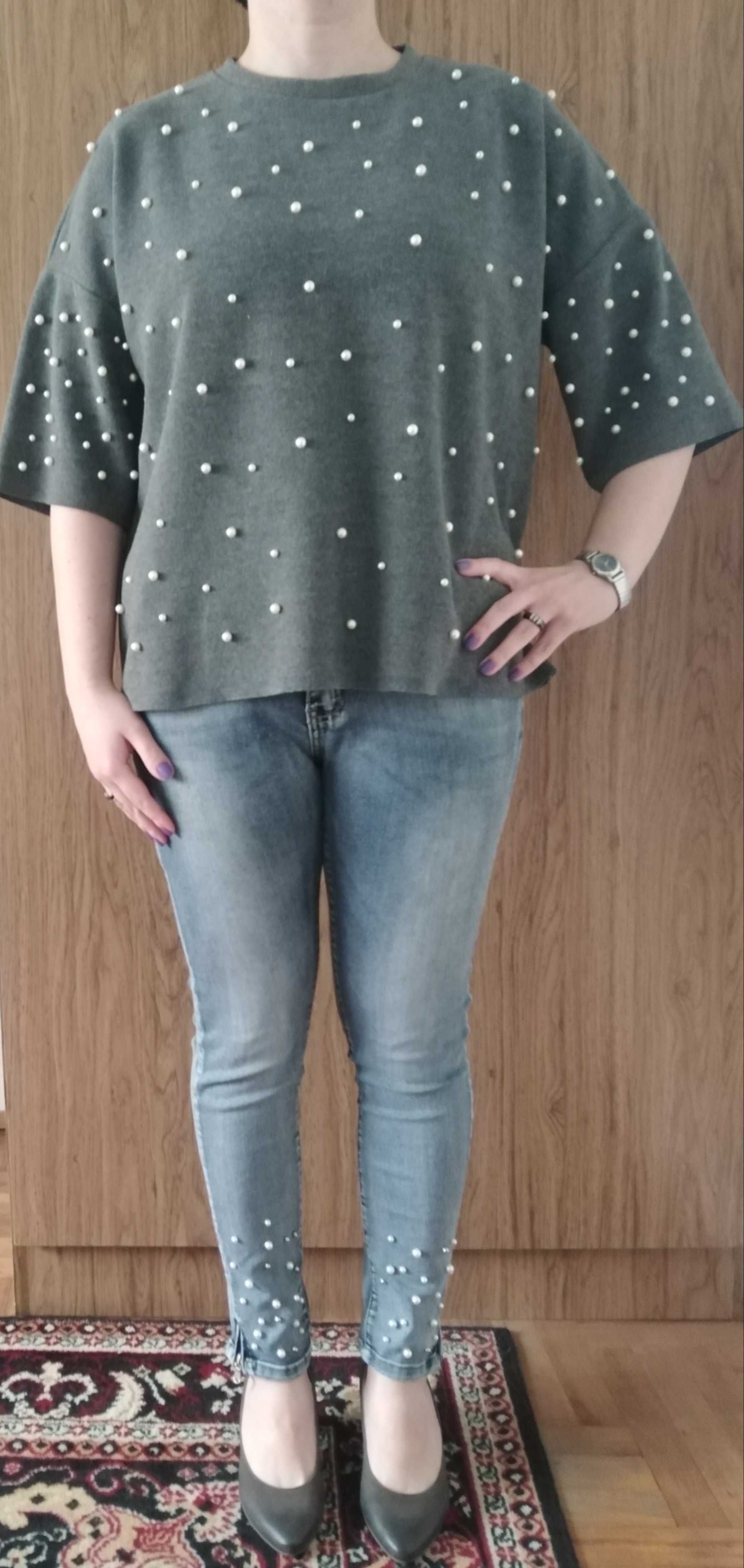 ZARA sweter sweterek oversize perełki perły szary 38 40 M L