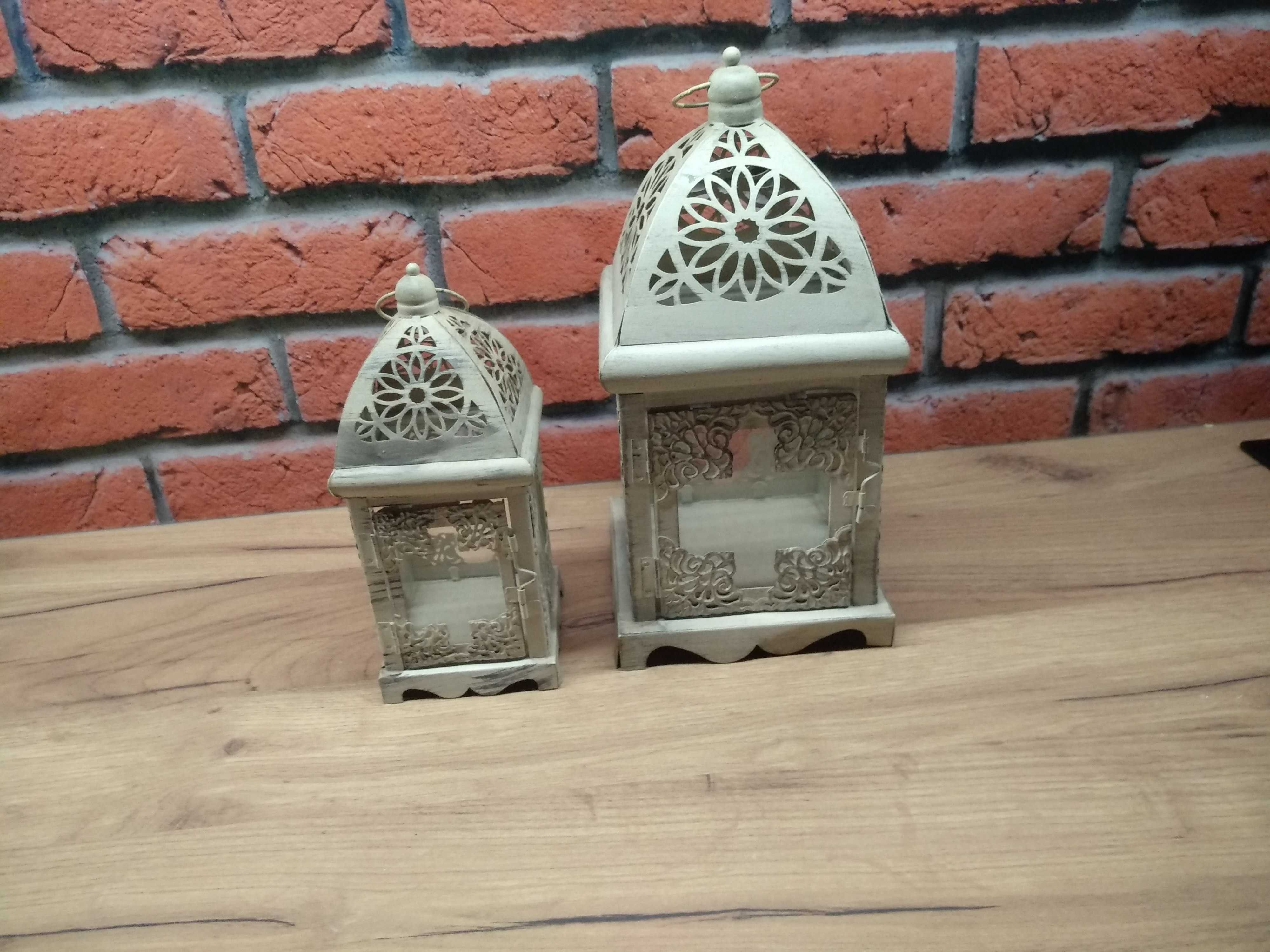 Zestaw dwie latarenki metal szkło postarzane przecierane vintage