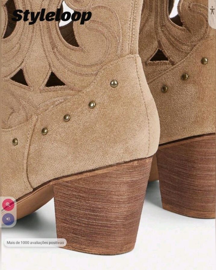 Styleloop Botas ocidentais Decoração cravejada Salto Grosso